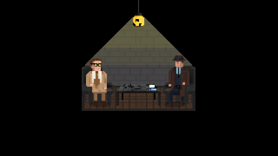 Two men facing each other under a single bulb in an interrogation room.