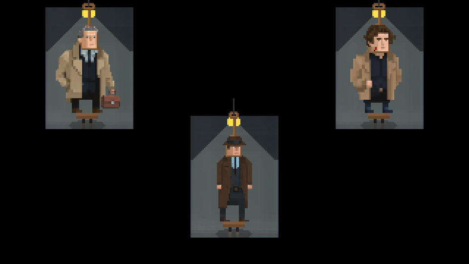 Three suspects lit by hanging lamps against a black background.