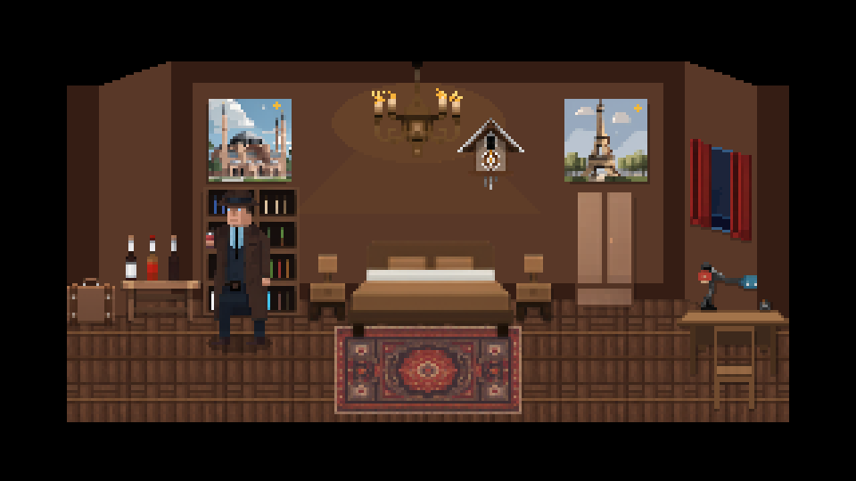 Pixel Detective: investigator Nathan searching a lamplit hotel bedroom.