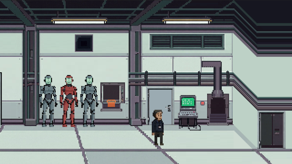 Three humanoid robots standing idle on the factory floor.