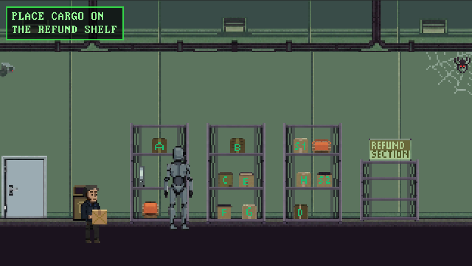 The refund section of the warehouse, with lettered crates on steel shelves.