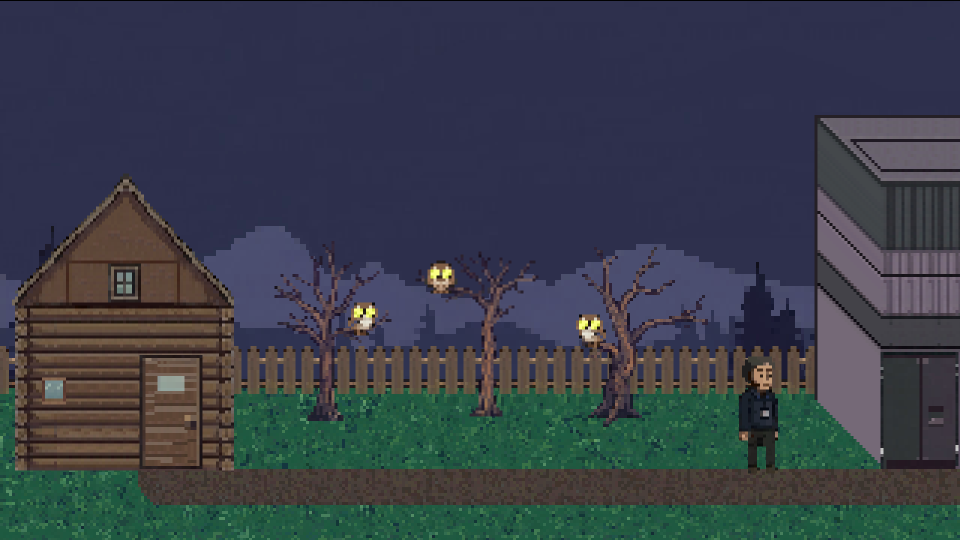 Owls with glowing eyes perched on bare trees behind the facility.