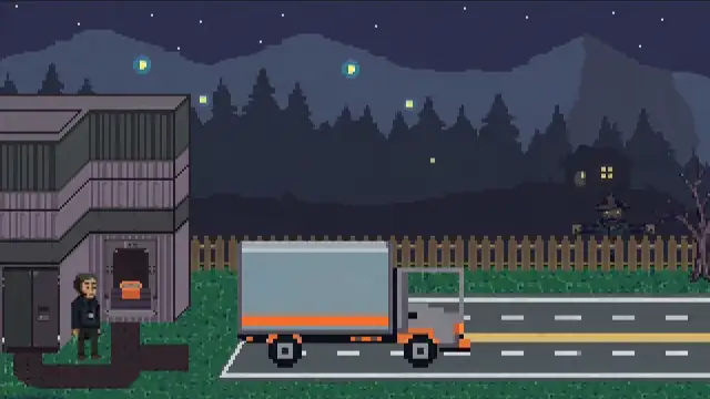 Animation: the operator carries a crate to the delivery truck outside the logistics building.