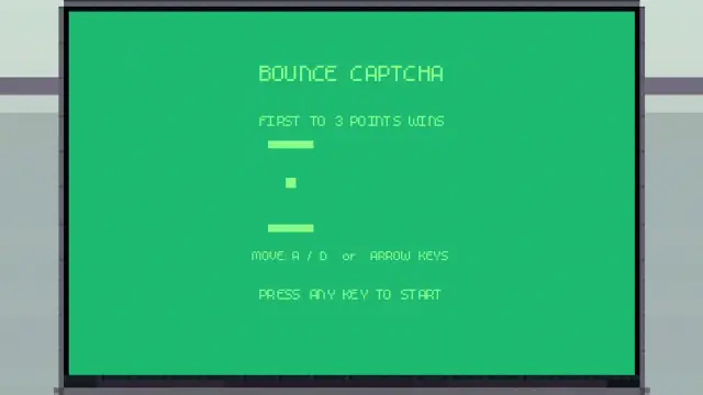 Animation: a glitching Pong-style verification mini game on the terminal screen.